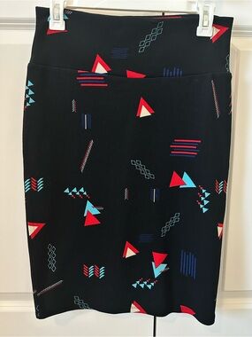 LuLaRoe Cassie Pencil Skirt, Black with Red & Aqua Geometric Print